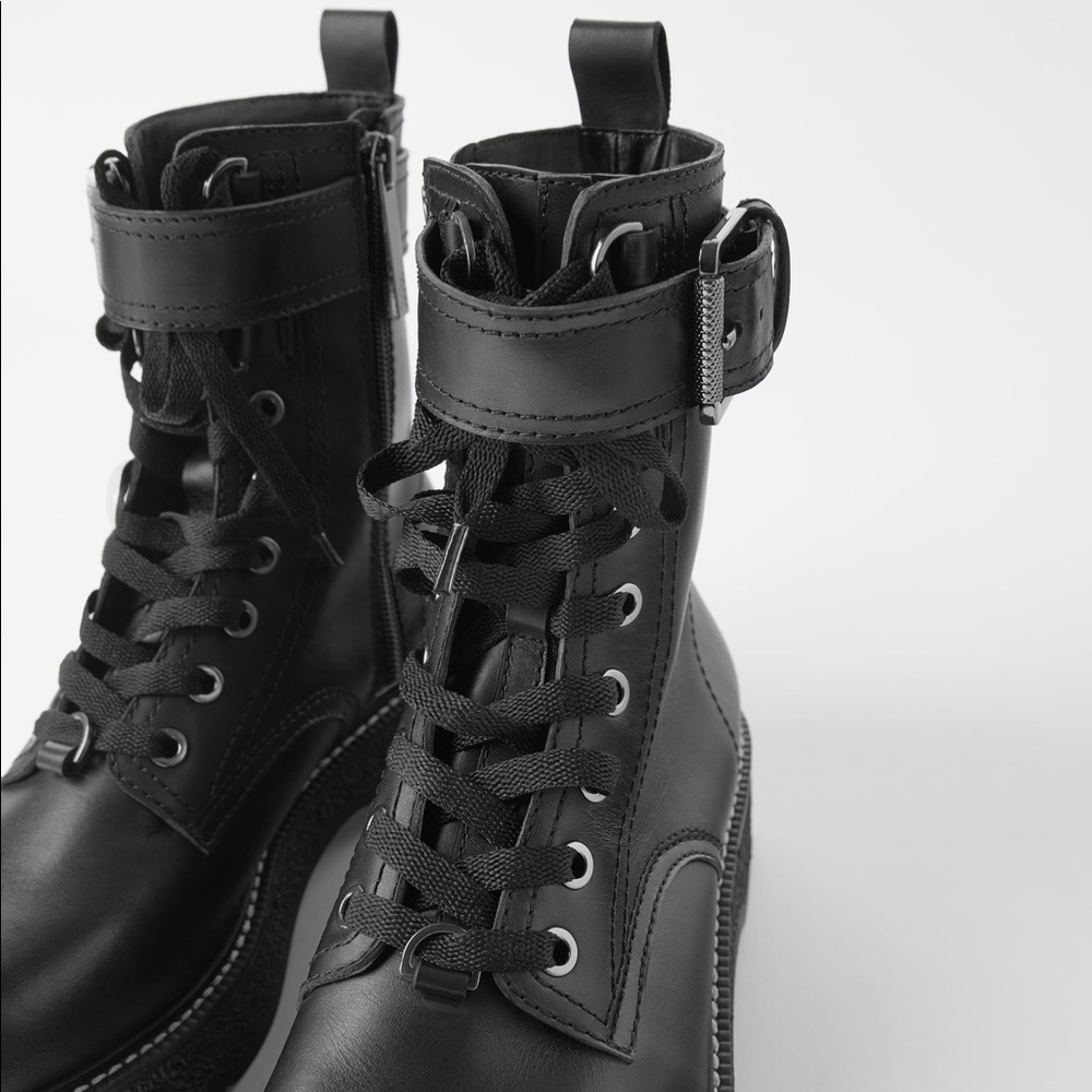 Zara Low Heeled Leather Combat Biker Military Ank… - image 2